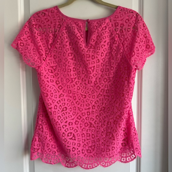 J. Crew Lace Overlay Short Sleeve Scalloped Hem Top Resort Cruise Bright Pink 2 - Picture 7 of 8